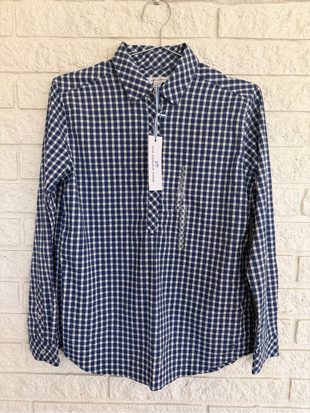 Southern Tide Hadley Nylon Blue & White Gingham Long-Sleeve Shirt